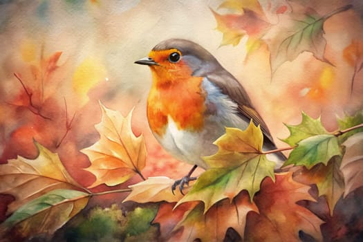 A vibrant robin perches delicately on a branch adorned with colorful autumn leaves, its bright orange breast and delicate features highlighted by the soft, watercolor-like background. The scene evokes a sense of tranquility and the beauty of the changing seasons.