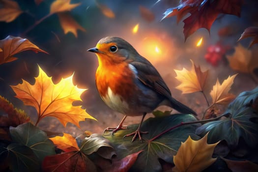 A vibrantly colored robin rests on a branch, surrounded by leaves in various shades of red, orange, and yellow. The bird's blue and orange feathers stand out against the warm tones of the autumn foliage. The leaves are illuminated by a soft, gentle light, creating a magical atmosphere.