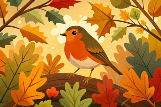 A robin, with its vibrant orange breast, perches on a branch amidst a backdrop of vibrant autumn leaves. The leaves, in shades of gold, red, and orange, create a beautiful contrast against the robin's plumage. The scene evokes a sense of peace and tranquility, capturing the beauty of the changing seasons.