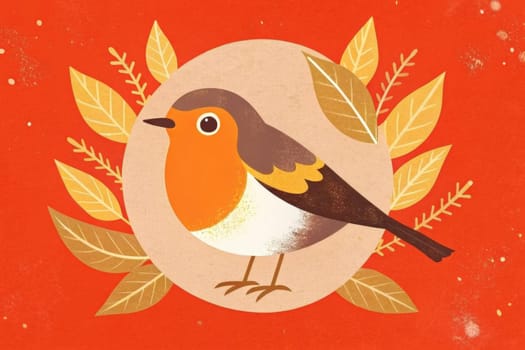 A robin, depicted in a stylized manner, is positioned in the center of the image. The bird has bright orange and white plumage with a dark brown back. It is perched on a circular, tan-colored object surrounded by golden leaves. The background of the image is a vibrant red color.