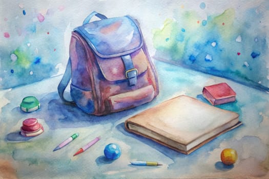 A watercolor painting depicting a still life with a brown backpack, a closed book, a smaller red book, two pencils, a blue sphere, an orange sphere, and a red button on a blue and green background.