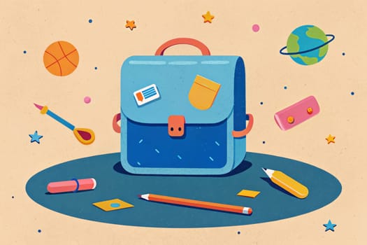 A blue and orange backpack sits on a beige background, surrounded by colorful autumn leaves and school supplies, evoking a sense of anticipation and excitement for the new school year.