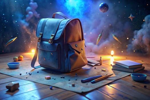 A leather backpack sits on a wooden table adorned with scattered stars, illuminated by a string of colorful lights hanging above. The backpack rests near an open notebook and a collection of colorful pencils in a cup. The scene creates a whimsical and magical atmosphere, evoking a sense of wonder and anticipation.