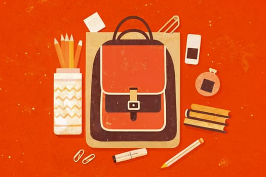 A red backpack sits surrounded by an array of school supplies, including pencils, a notepad, a marker, paperclips, and a stack of books, all displayed on a textured red background. The image evokes a sense of nostalgia and the anticipation of a new school year.