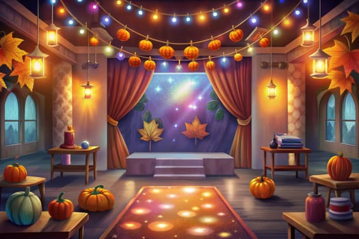 A dimly lit castle hall decorated with autumn leaves and string lights, a stage at the far end with red velvet curtains and a spotlight shining on the leaves in the window, pumpkin decorations placed on various tables throughout the room, and a gleaming dance floor in the center of the space.