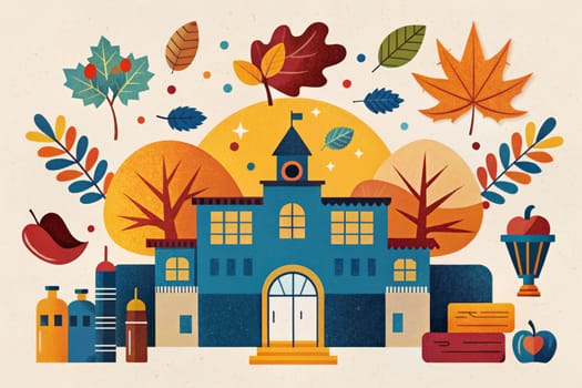 A blue schoolhouse stands amidst a vibrant autumn scene, surrounded by colorful leaves, trees, and other whimsical details. The building features a clock tower, windows, and a grand entrance, inviting students to learn and explore.