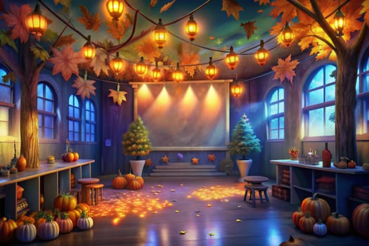 A dimly lit castle hall decorated with autumn leaves and string lights, a stage at the far end with red velvet curtains and a spotlight shining on the leaves in the window, pumpkin decorations placed on various tables throughout the room, and a gleaming dance floor in the center of the space.