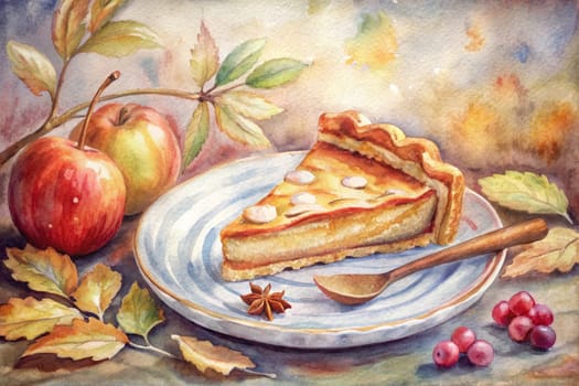 A slice of golden-hued pie, adorned with a delicate dusting of white, rests on a blue and white striped plate surrounded by fallen autumn leaves and ripe apples. The soft light filtering through the window creates a warm and inviting atmosphere, hinting at a cozy afternoon spent indulging in sweet treats and the changing seasons.