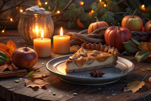 A single slice of pie sits on a plate, ready to be enjoyed. The pie is filled with a creamy, pumpkin-colored filling and topped with a flaky crust. The warm, inviting atmosphere is created by the soft glow of candlelight and the scattered autumn leaves, pumpkins, and cinnamon sticks. The scene is perfect for a cozy autumn evening.