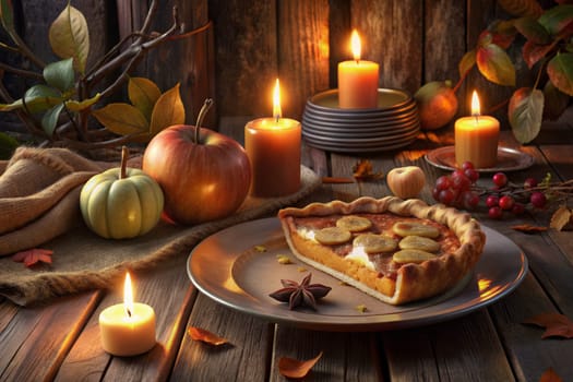 A single slice of pie sits on a plate, ready to be enjoyed. The pie is filled with a creamy, pumpkin-colored filling and topped with a flaky crust. The warm, inviting atmosphere is created by the soft glow of candlelight and the scattered autumn leaves, pumpkins, and cinnamon sticks. The scene is perfect for a cozy autumn evening.