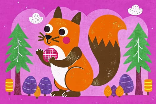 A friendly, cartoon squirrel with a bushy tail sits amidst autumn leaves and holds a ripe orange fruit in its paws. It is smiling, as if delighted with its find. The background is a warm, textured beige with delicate white dots that resemble falling snow.