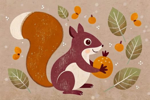 A friendly, cartoon squirrel with a bushy tail sits amidst autumn leaves and holds a ripe orange fruit in its paws. It is smiling, as if delighted with its find. The background is a warm, textured beige with delicate white dots that resemble falling snow.