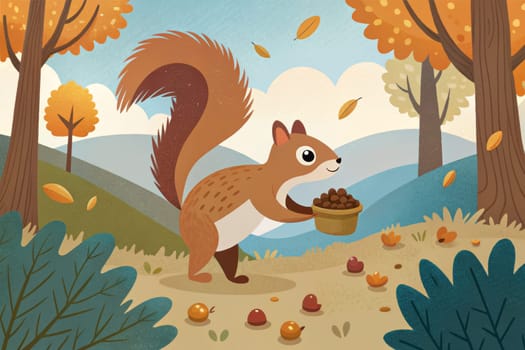 A blue squirrel stands on a grassy hill in the autumn woods, holding a nut in its paws. The trees behind it have orange leaves, and there are other colorful plants and flowers scattered throughout the image.