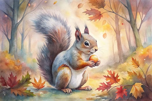 A fluffy-tailed squirrel sits amongst a bed of fallen leaves in a sun-dappled forest. The warm colors of autumn paint the scene, and the squirrel holds a bright red nut in its tiny paws.