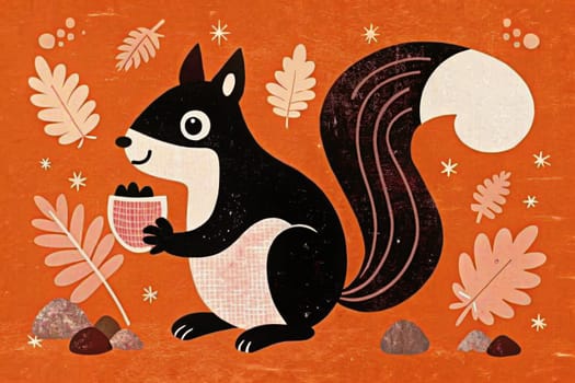 A cartoon squirrel with a black and white coat is holding a large acorn in its paws. The squirrel is sitting on a bed of leaves and rocks against a vibrant orange background.