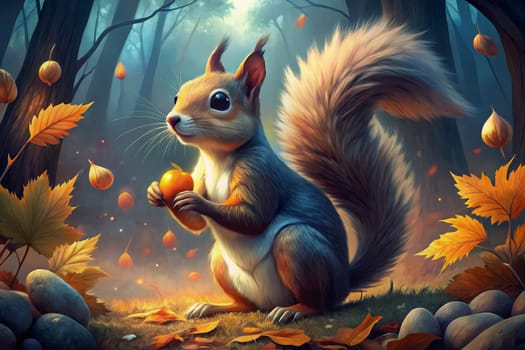 A small, gray squirrel with large, curious eyes sits in a woodland setting. The squirrel is holding a bright red apple in its paws, and its bushy tail curls around its body. The ground is covered in fallen leaves and pumpkins, and the air is filled with the colors and scents of autumn.