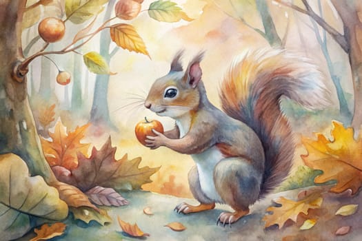 A fluffy-tailed squirrel sits amongst a bed of fallen leaves in a sun-dappled forest. The warm colors of autumn paint the scene, and the squirrel holds a bright red nut in its tiny paws.