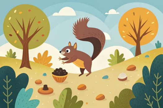 A happy squirrel with a bushy tail skips along a forest path in autumn, carrying a bucket of nuts. Brightly colored leaves fall from the trees, creating a colorful backdrop for the scene.