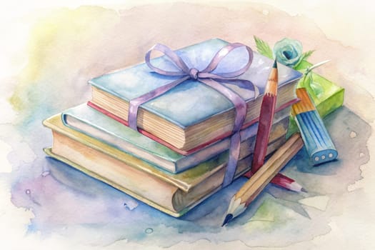 A stack of three books is tied together with a light purple ribbon and rests on a pale blue surface. Two pencils, one red and one yellow, are resting on top of the books. A blue pencil holder is lying on the surface to the right of the books. A light green box with a ribbon is behind the books, suggesting a gift-like presentation. The background is a soft watercolor wash in shades of yellow and pink.