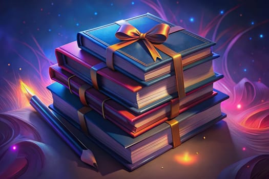 A stack of books, wrapped in a crimson ribbon and tied with a bow, sits on a wooden table. The books are illuminated by a single candle, casting a warm glow on the scene. The background is a dreamy sky with twinkling stars, creating a magical atmosphere.