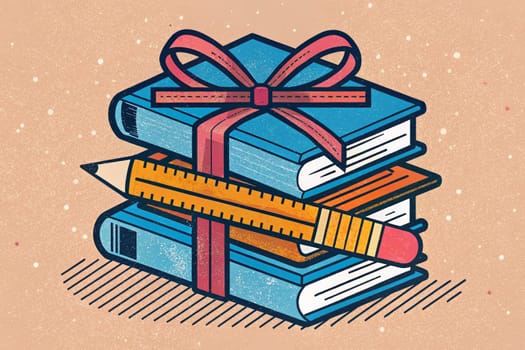 A stack of colorful books, pencils, and a ruler are tied together with a blue ribbon, suggesting a gift of learning.