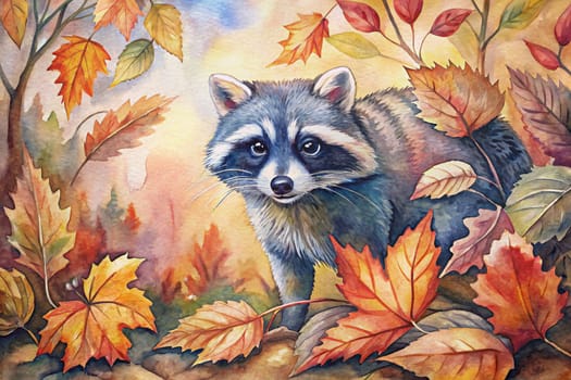 A raccoon with a curious expression stands on a mound of fallen leaves, its eyes focused on something out of frame. Autumn leaves of various colors swirl around it, creating a vibrant and charming scene.