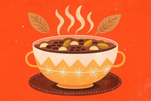 A steaming bowl of rich chocolate, topped with marshmallows and nuts, sits on a brown saucer. The bowl has a yellow and white pattern, and there are two brown leaves on either side of the bowl. The background is a vibrant red color, reminiscent of the season.