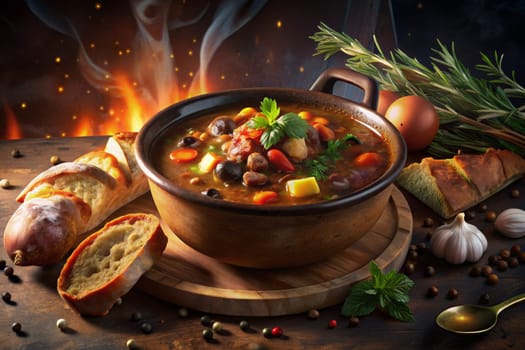 A steaming bowl of hearty stew, brimming with vegetables, meat, and beans, is set on a rustic wooden table. The stew is garnished with fresh herbs and is served with a crusty loaf of freshly baked bread. In the background, a warm fire crackles in the hearth, providing a cozy and inviting atmosphere.