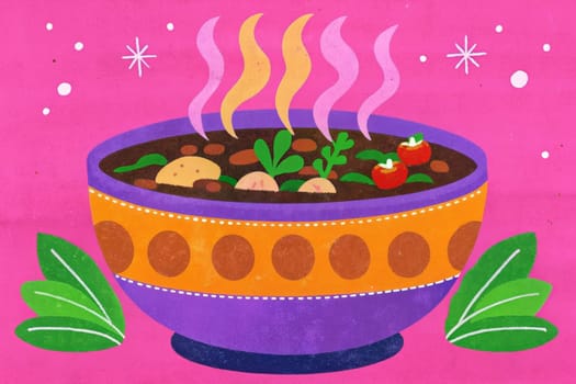 A steaming bowl of rich chocolate, topped with marshmallows and nuts, sits on a brown saucer. The bowl has a yellow and white pattern, and there are two brown leaves on either side of the bowl. The background is a vibrant red color, reminiscent of the season.