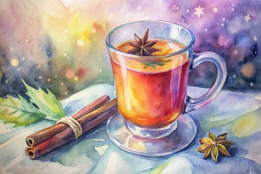 A watercolor painting of a mug of spiced tea with a star anise floating in the liquid. The mug sits on a saucer on a light blue tablecloth, next to a bundle of cinnamon sticks tied with twine and a single star anise. The background is a soft watercolor wash of purple, blue, and yellow, with a blurry, starry sky.