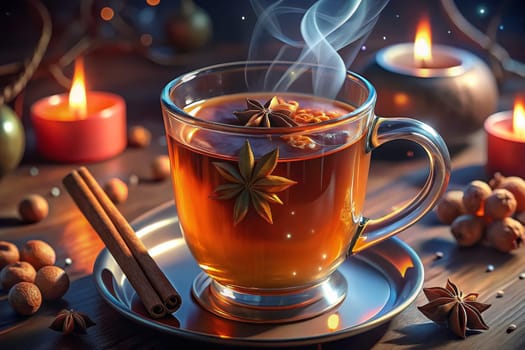 A steaming cup of tea sits on a silver saucer, adorned with a star anise floating on top. The tea is surrounded by cinnamon sticks, star anise pods, and candlelight, creating a warm and inviting atmosphere.