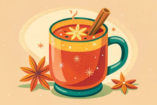 A steaming mug of spiced tea sits on a warm, beige background. Cinnamon sticks and star anise add a festive touch to the cup, evoking the comforting flavors of autumn.