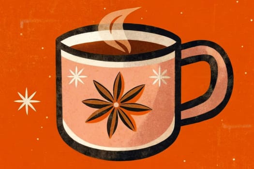 A steaming mug of tea, adorned with a star anise and a slice of orange, sits on a warm brown background. Cinnamon sticks and leaves are arranged beside the mug, adding to the cozy and festive atmosphere.