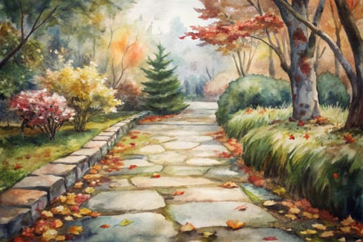 A stone path meanders through a lush autumnal garden, dappled with fallen leaves. The air is misty and the trees are adorned with vibrant hues of red, orange, and yellow. The path leads towards a secluded clearing in the forest, inviting the viewer to explore the tranquility of the scene.
