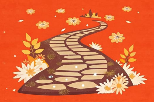 A winding stone path curves through a field of golden blossoms against a bright red background. The path is made of irregular stones, and the blossoms are scattered throughout the field. Small white petals float in the air, adding to the whimsical feel of the scene.