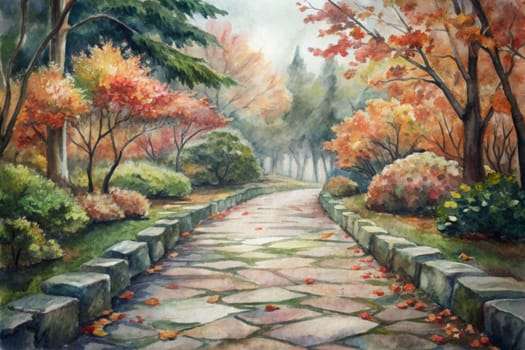 A stone path meanders through a lush autumnal garden, dappled with fallen leaves. The air is misty and the trees are adorned with vibrant hues of red, orange, and yellow. The path leads towards a secluded clearing in the forest, inviting the viewer to explore the tranquility of the scene.