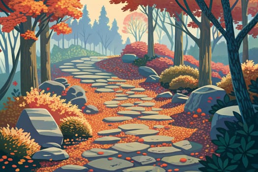 A winding stone path snakes through a vibrant forest, leading towards a misty mountain peak. The trees are adorned in autumn colors, with leaves of red, orange, and yellow scattered across the path. The scene is peaceful and tranquil, with a sense of mystery and adventure.