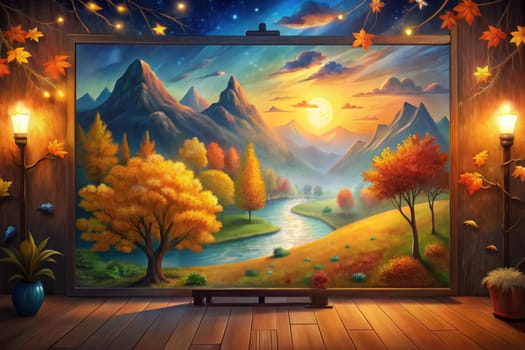 A framed painting depicts a serene autumn scene. A winding river flows through a valley surrounded by colorful trees and majestic mountains. The sun sets behind the mountains, casting a warm glow over the landscape. The frame is decorated with autumn leaves and string lights, and the scene is illuminated by two lanterns.
