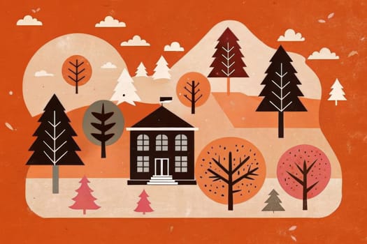 A quaint, black house with white windows stands nestled amongst the trees in a stylized, autumnal forest. The sun shines through the clouds, casting warm hues on the landscape, while the trees begin to turn shades of red and orange.
