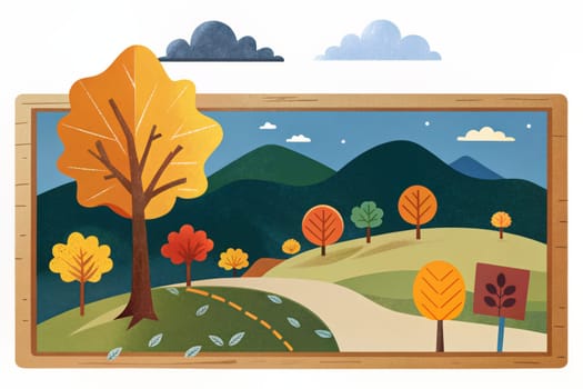 A whimsical illustration depicts a picturesque autumn scene framed within a wooden border. Lush green hills roll into the distance, dotted with vibrant trees sporting fiery red, golden yellow, and verdant foliage. The sky above is painted in shades of blue, adorned with fluffy white clouds and twinkling stars. A winding path meanders through the landscape, inviting the viewer to explore its hidden wonders.