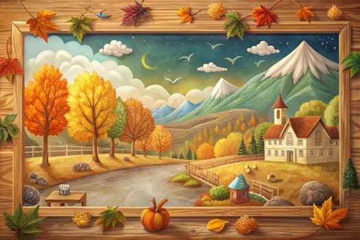 A painting of an autumn landscape hangs on an easel against a teal wall. The painting depicts a valley with hills, trees, and a winding path, all bathed in warm autumnal colors. It is framed with wood, and leaves hang from strings above it, suggesting a classroom or a place of learning.