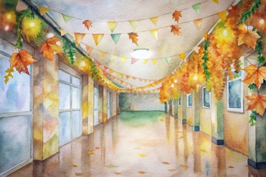 The hallway of a school is adorned with festive fall decor, including colorful pennants strung across the ceiling and vibrant leaves cascading down from the sides. The windows allow natural light to filter in, casting a warm, inviting glow on the polished floor. The soft, watercolor style creates a dreamlike atmosphere, evoking a sense of peaceful anticipation.
