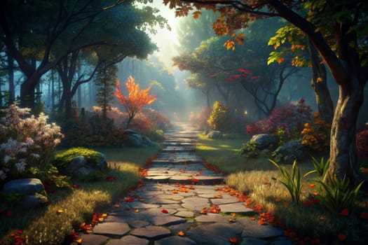 A stone path winds through a lush forest, bathed in the warm light of the morning sun. Fallen leaves scatter the ground, adding to the vibrant colors of the surrounding foliage. Sunlight streams through the trees, casting long shadows and illuminating the peaceful atmosphere.