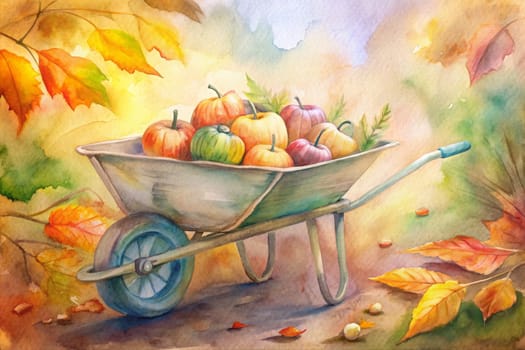 A wheelbarrow filled with pumpkins, apples, and gourds rests on a path surrounded by fallen autumn leaves. The scene is bathed in warm, golden light, with the colors of the leaves reflected in the fruits and vegetables.