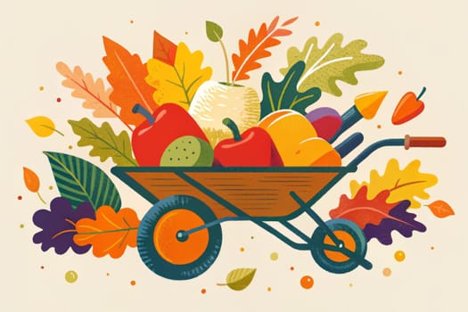 A wheelbarrow piled high with an assortment of fall harvest vegetables, including pumpkins, apples, and peppers, surrounded by vibrant red, orange, yellow, and green leaves.