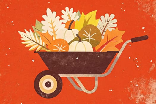 A wheelbarrow filled to the brim with colorful vegetables and leafy greens sits against a textured background. The vibrant hues of the produce evoke a sense of harvest abundance and the joy of fresh, homegrown ingredients.