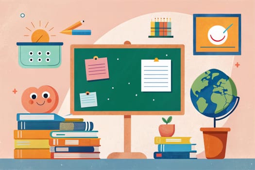 A whimsical illustration depicting a classroom space with a green chalkboard, a globe, a stack of books topped with a heart with a smiley face, and colorful details. A sense of learning, positivity, and imagination is conveyed through the playful imagery.