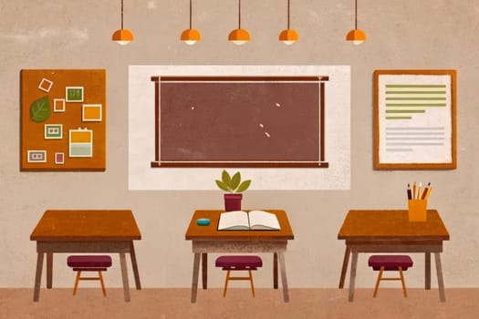 A brightly colored classroom is ready for students. The room features a large chalkboard with colorful notes, a world map on the wall, and various decorations. A desk is set up at the front of the room with books, pencils, and an apple. A bookshelf sits to the left of the desk, overflowing with books and other colorful items.