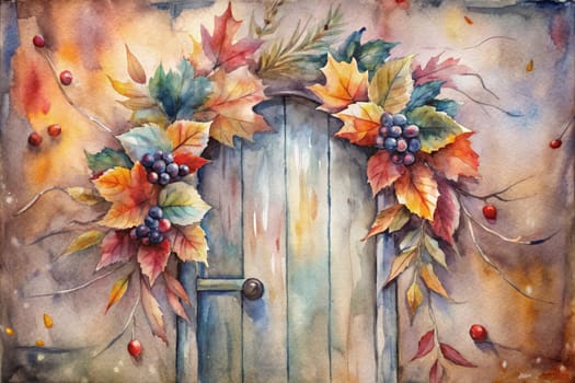 A watercolor painting of a wooden door framed by autumn leaves, grape vines, and berries. The leaves are a vibrant mix of reds, oranges, yellows, and greens, suggesting a time of change and beauty. The door itself is a soft, weathered blue, adding a touch of nostalgia. The painting evokes a sense of peace and tranquility, capturing the essence of autumn.