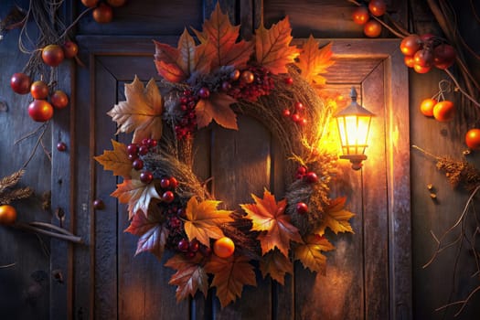 A beautifully crafted autumn wreath, composed of vibrant leaves, berries, and twigs, hangs on a weathered wooden door. A lantern, casting a warm, inviting glow, illuminates the wreath, creating a cozy and festive atmosphere.